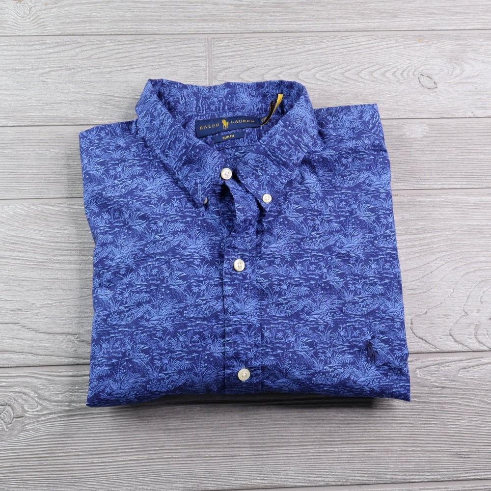 Ralph Lauren Slim Fit Blue Tropical Palm AOP Shirt Men's XXL 18.5